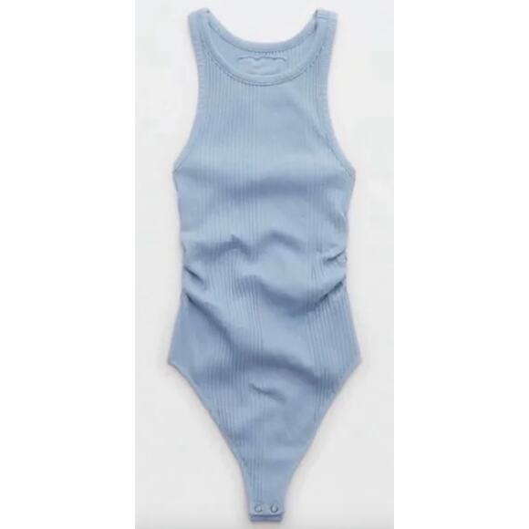 aerie Tops - Aerie | NWT | High Neck Ribbed Ruched Bodysuit in Light Blue | Sz S